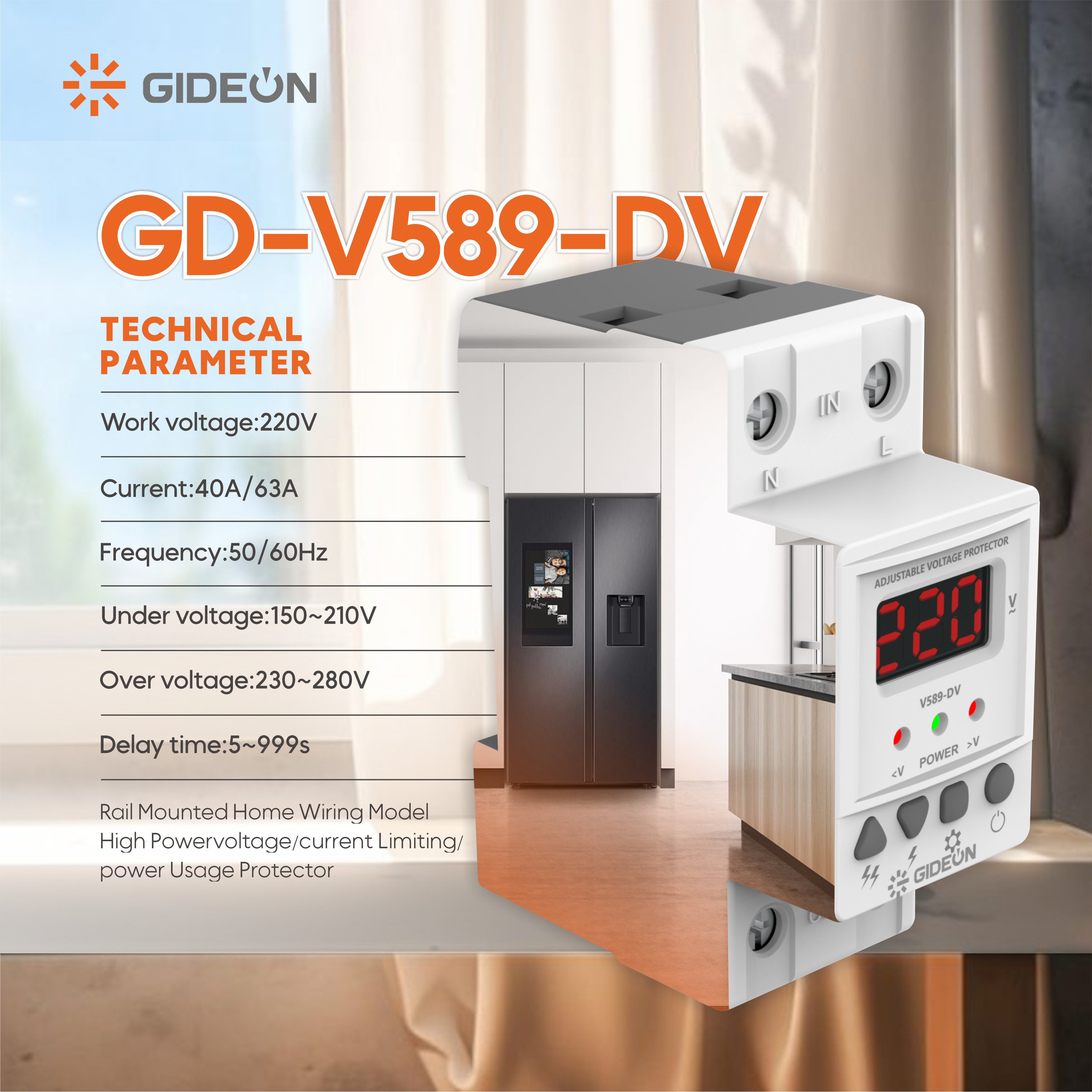 GD-V589-DV din Rail ဗို့အားကာကွယ်စောင့်ရှောက်ခြင်းအိမ်သုံးလျှပ်စစ်ဓာတ်အားကင်းရေးကိုကာကွယ်ခြင်း